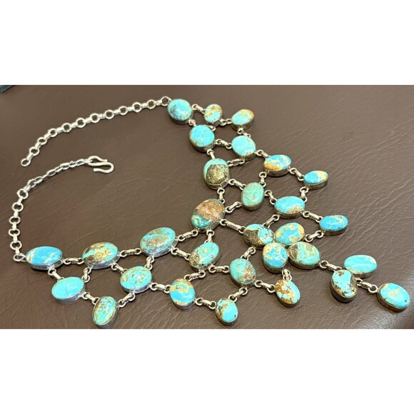 Vintage Sterling Silver Southwest Kingman? Turquoise Bib Statement Necklace 118g - Picture 4 of 14